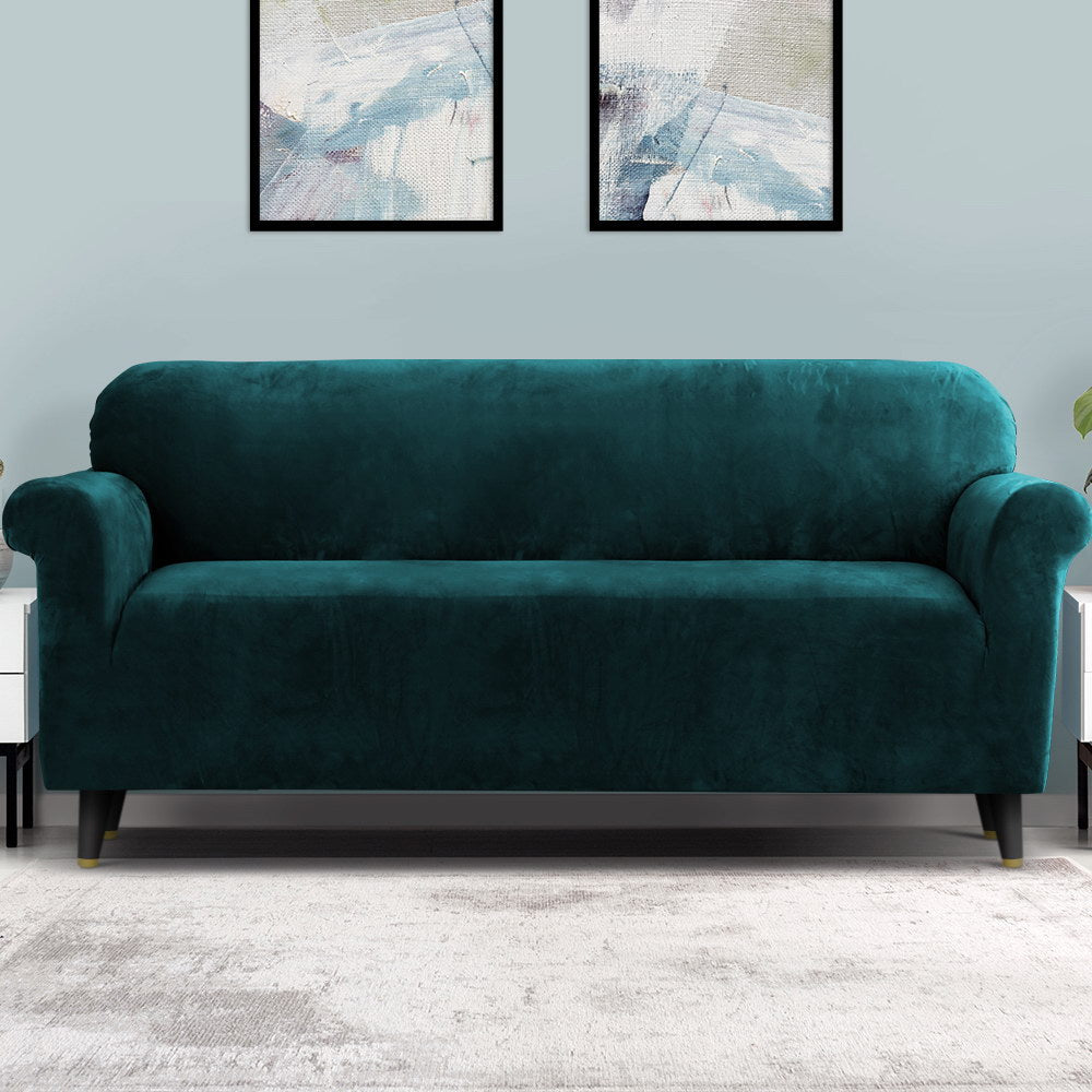 Artiss Velvet Sofa Cover Plush Couch Cover Lounge Slipcover 4 Seater Agate Green - Newstart Furniture