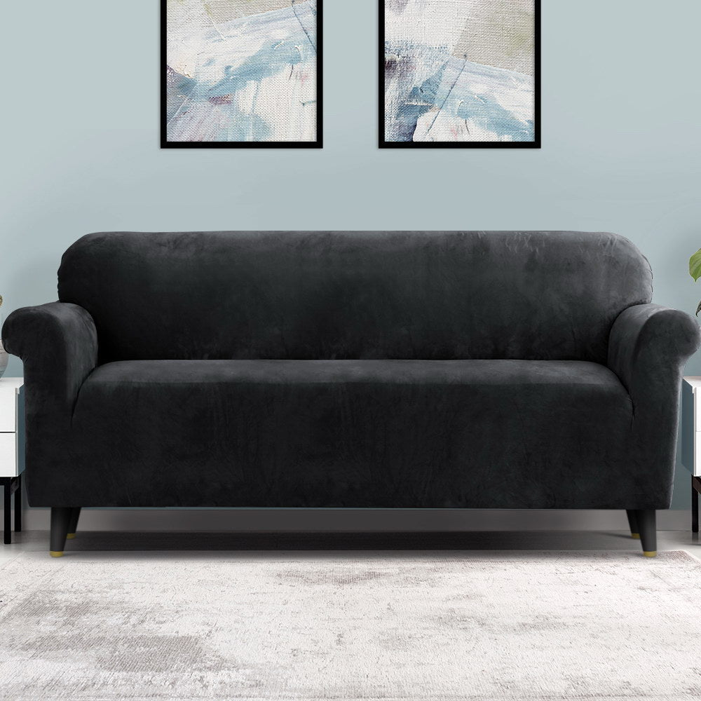 Artiss Velvet Sofa Cover Plush Couch Cover Lounge Slipcover 4 Seater Black - Newstart Furniture