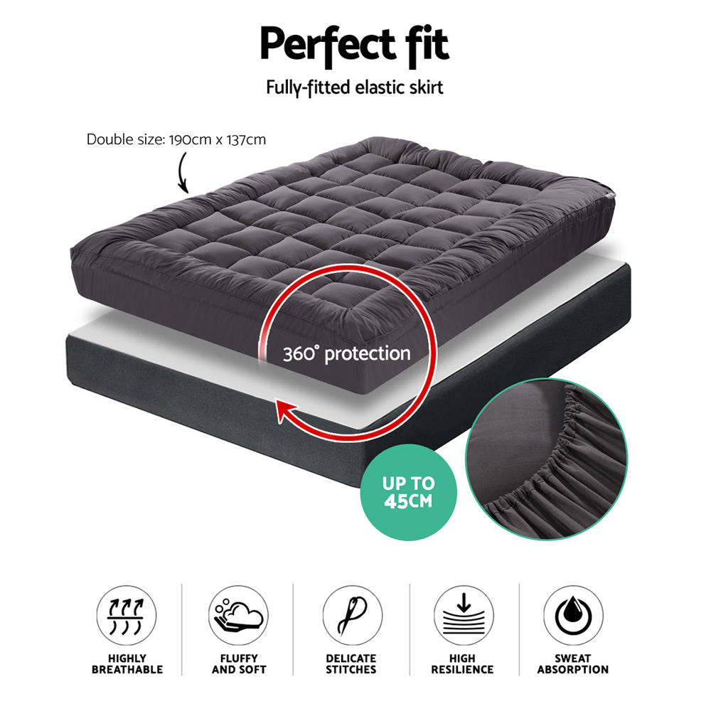 Giselle Double Mattress Topper Pillowtop 1000GSM Charcoal Microfibre Bamboo Fibre Filling Protector - Newstart Furniture