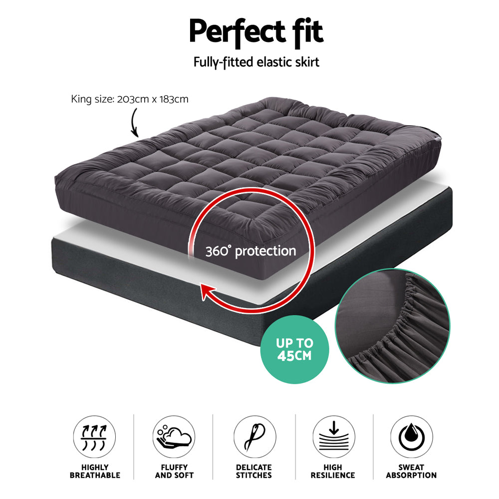 Giselle King Mattress Topper Pillowtop 1000GSM Charcoal Microfibre Bamboo Fibre Filling Protector - Newstart Furniture