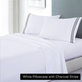 soft microfibre embroidered stripe sheet set double white pillowcase charcoal stripe - Newstart Furniture