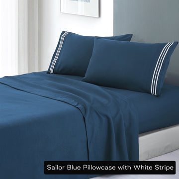 soft microfibre embroidered stripe sheet set king sailor blue pillowcase white stripe - Newstart Furniture