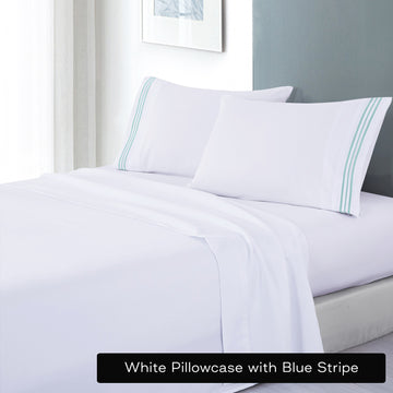 soft microfibre embroidered stripe sheet set king white pillowcase blue stripe - Newstart Furniture