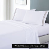 soft microfibre embroidered stripe sheet set king white sheet taupe stripe - Newstart Furniture