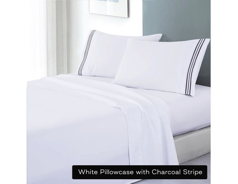 soft microfibre embroidered stripe sheet set queen white pillowcase charcoal stripe - Newstart Furniture
