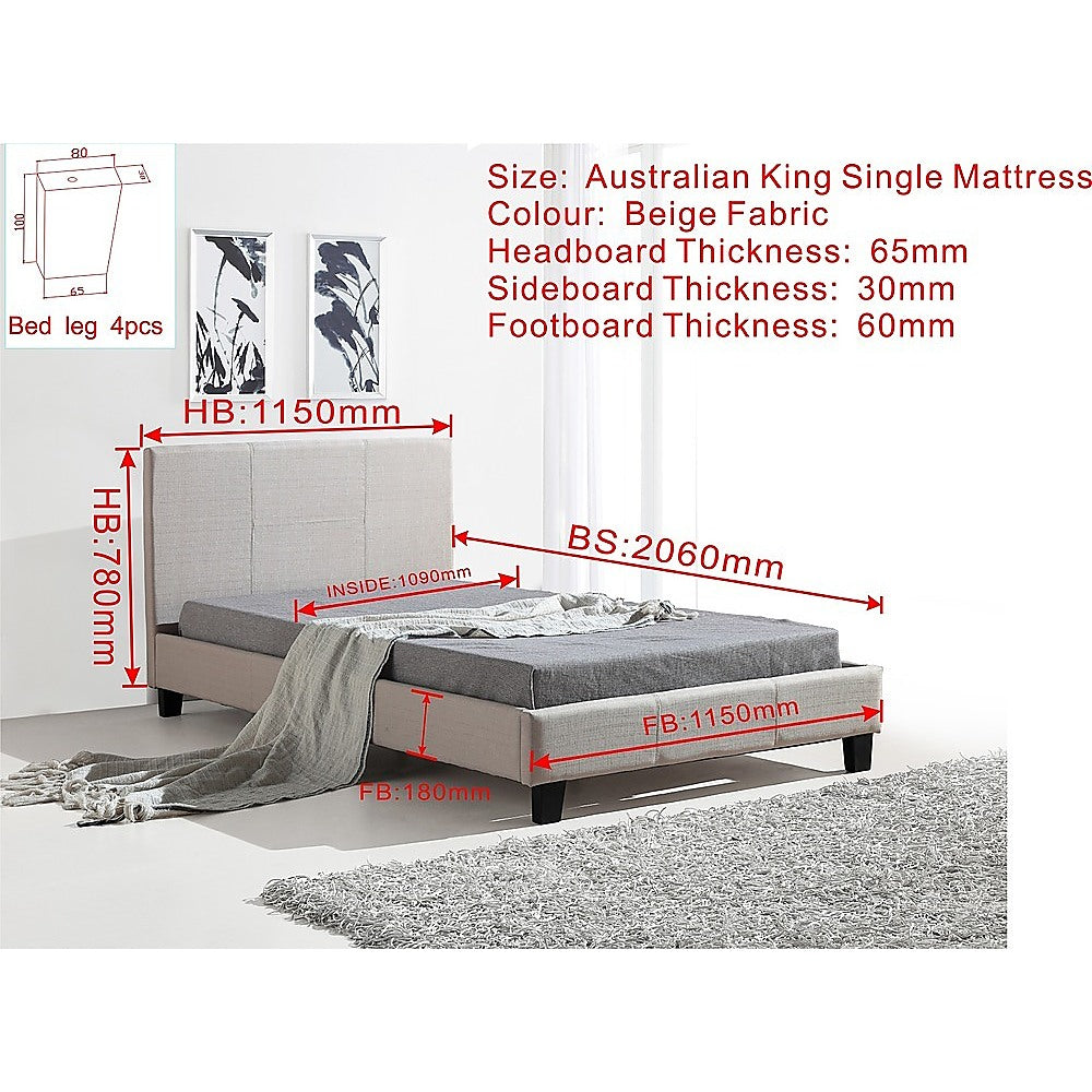 King Single Linen Fabric Bed Frame Beige - Newstart Furniture