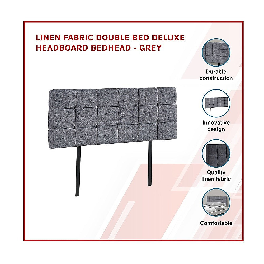 Linen Fabric Double Bed Deluxe Headboard Bedhead - Grey - Newstart Furniture