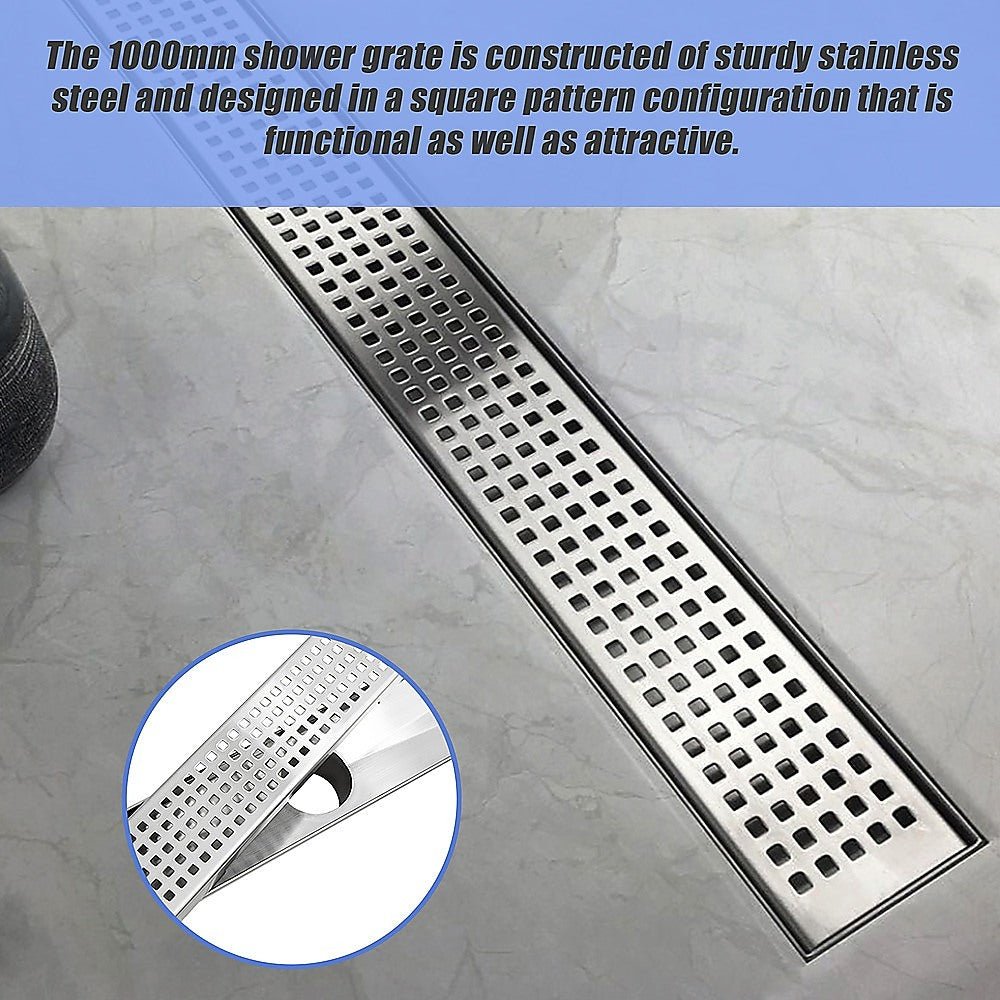 1000mm Bathroom Shower Stainless Steel Grate Drain w/Centre outlet Floor Waste Square Pattern - Newstart Furniture