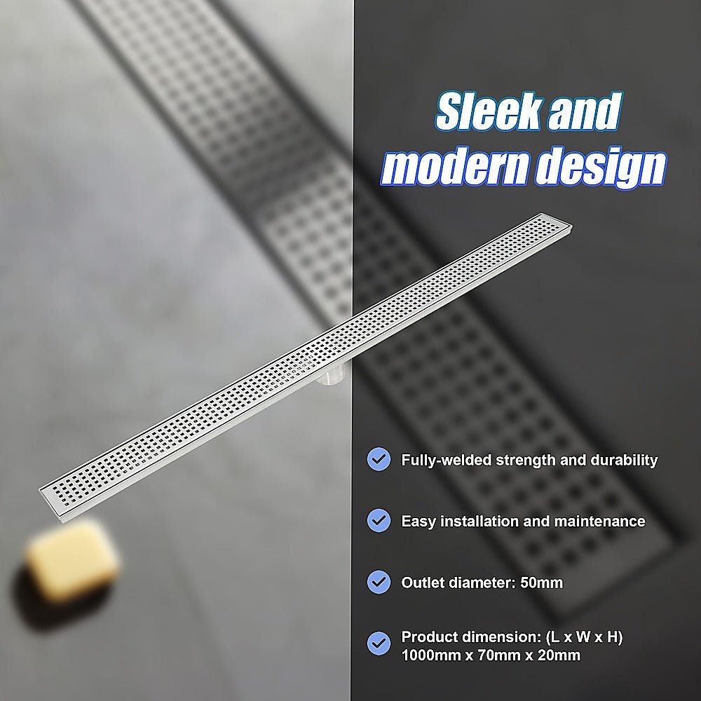 1000mm Bathroom Shower Stainless Steel Grate Drain w/Centre outlet Floor Waste Square Pattern - Newstart Furniture