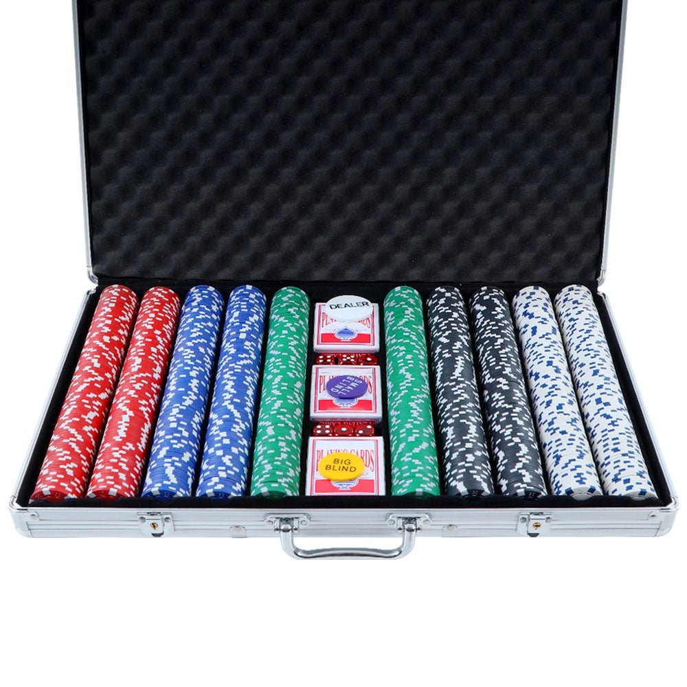 1000pcs Poker Chips Set Casino Texas Hold'em Gambling Party Game Dice Cards Case - Newstart Furniture