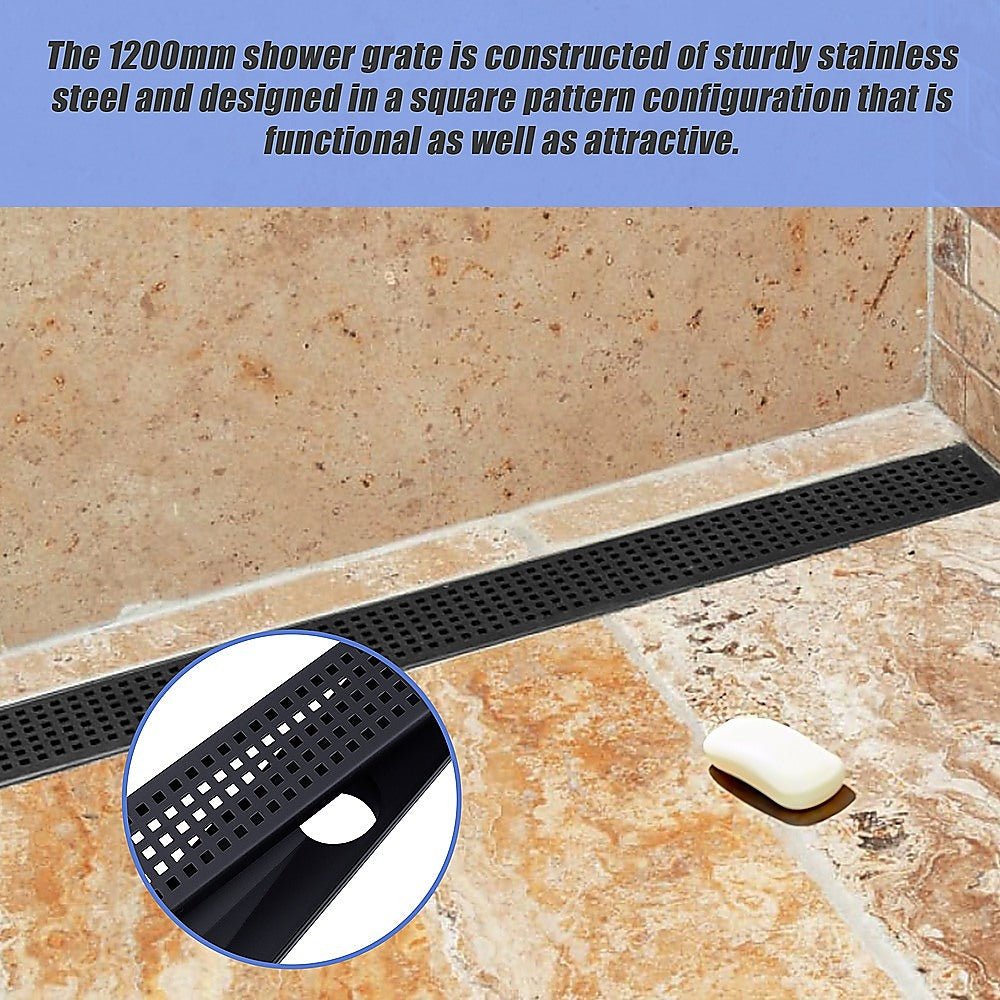 1200mm Bathroom Shower Black Grate Drain w/Centre outlet Floor Waste Square Pattern - Newstart Furniture