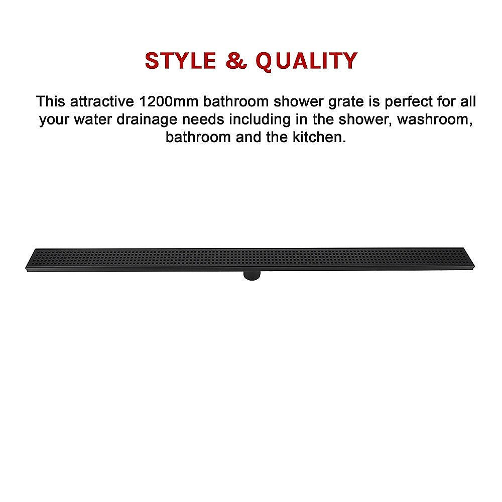 1200mm Bathroom Shower Black Grate Drain w/Centre outlet Floor Waste Square Pattern - Newstart Furniture