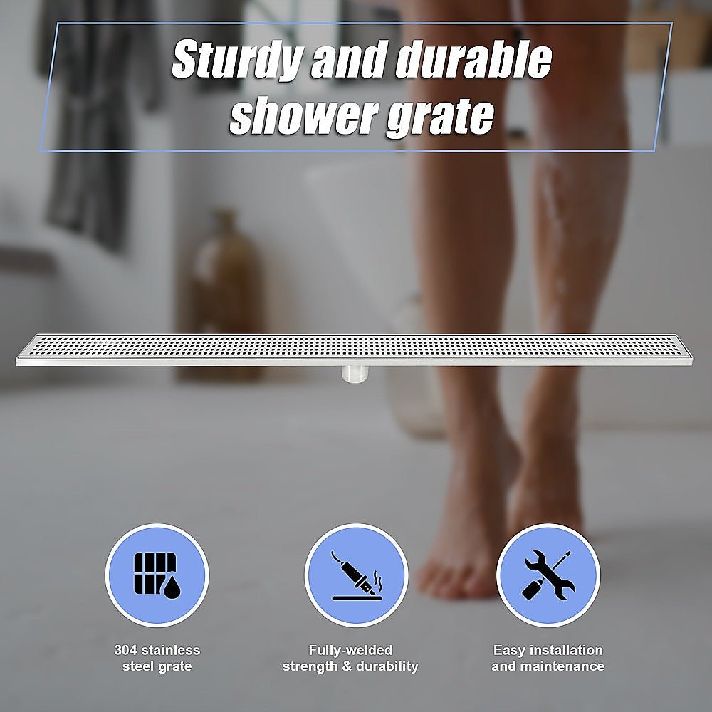 1200mm Bathroom Shower Stainless Steel Grate Drain w/Centre outlet Floor Waste Square Pattern - Newstart Furniture