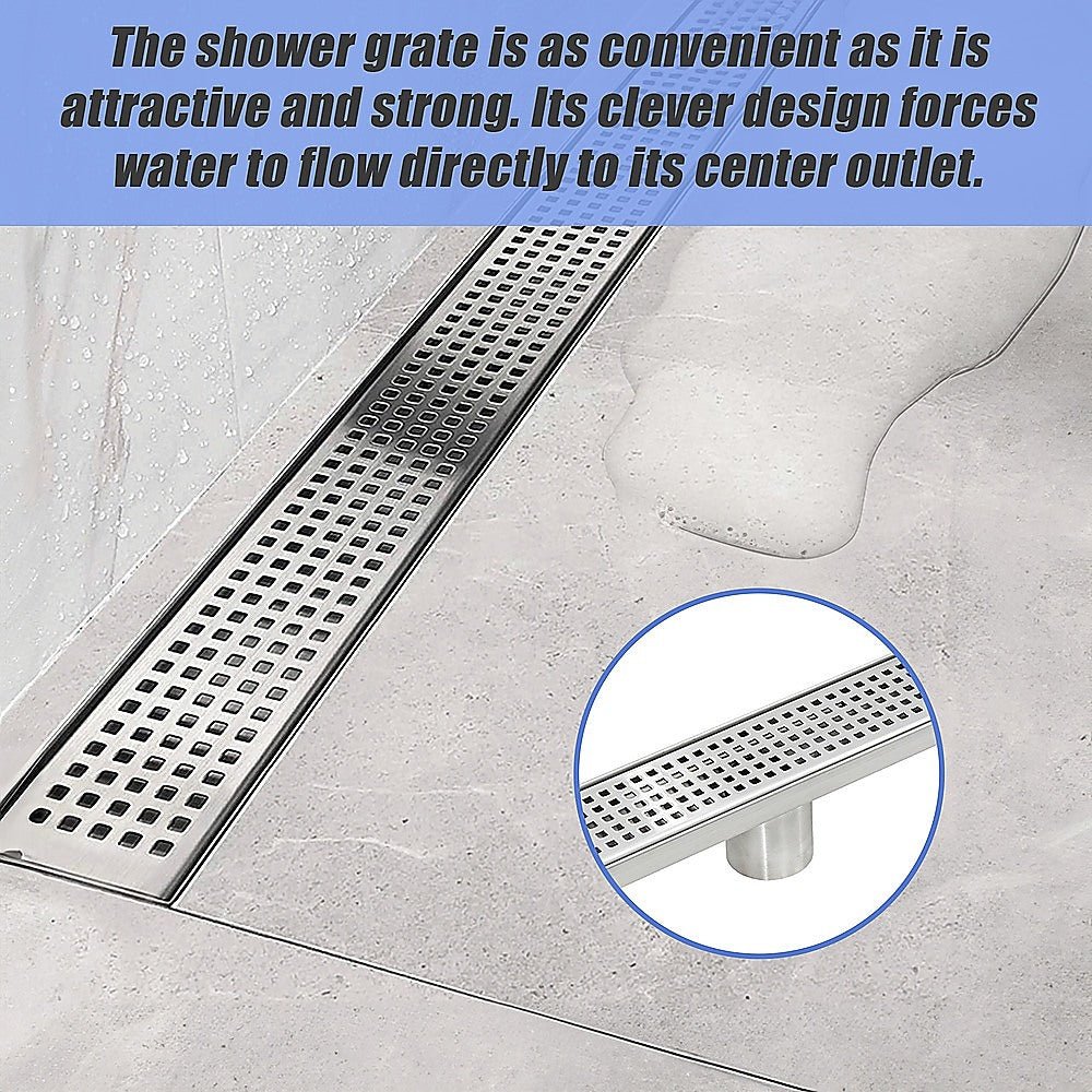 1200mm Bathroom Shower Stainless Steel Grate Drain w/Centre outlet Floor Waste Square Pattern - Newstart Furniture