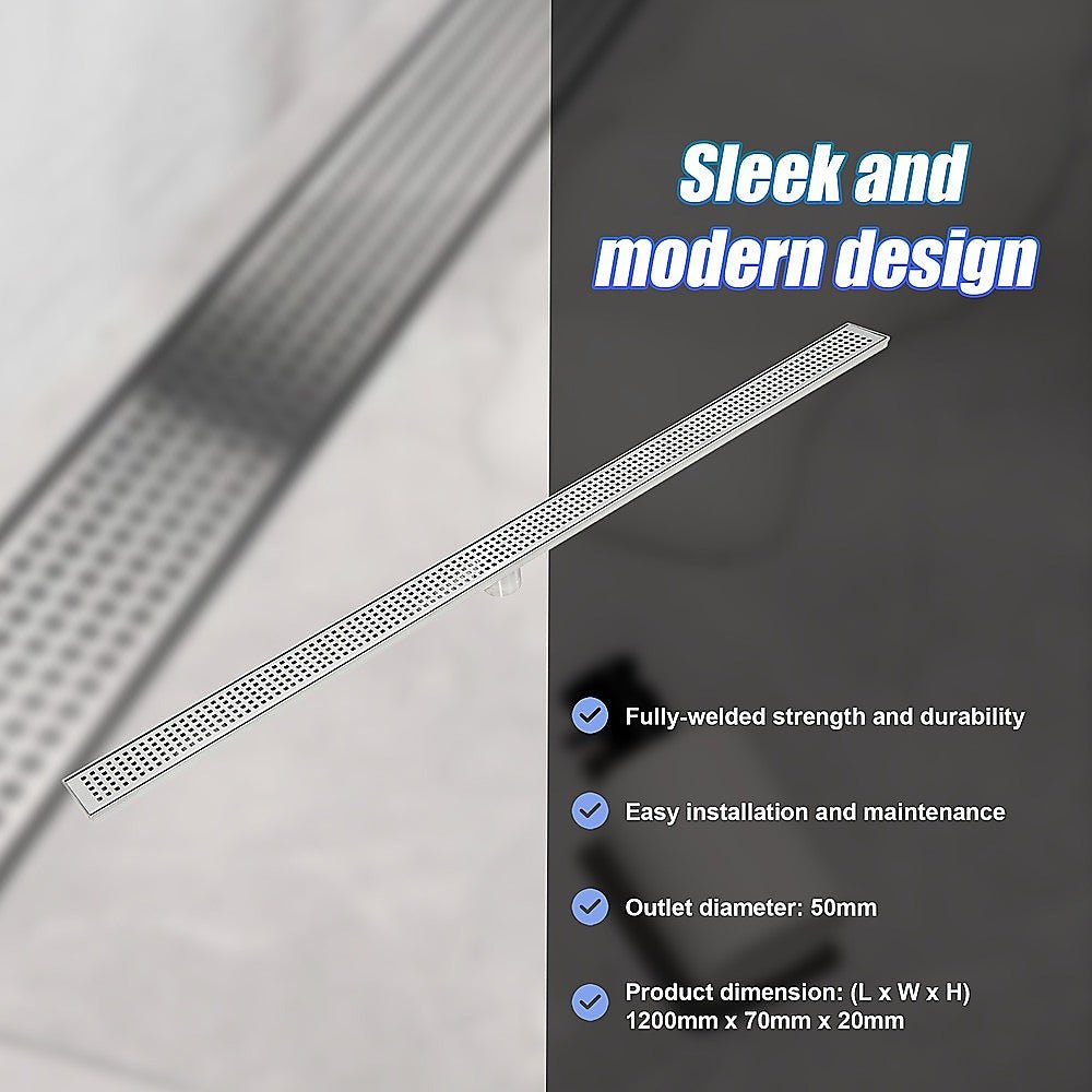 1200mm Bathroom Shower Stainless Steel Grate Drain w/Centre outlet Floor Waste Square Pattern - Newstart Furniture