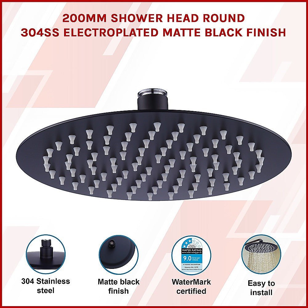 200mm Shower Head Round 304SS Electroplated Matte Black Finish - Newstart Furniture