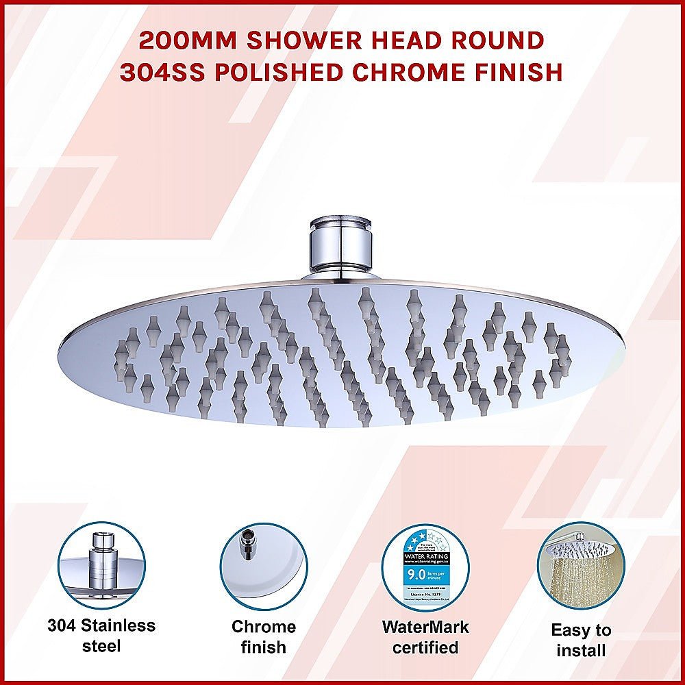 200mm Shower Head Round 304SS Polished Chrome Finish - Newstart Furniture