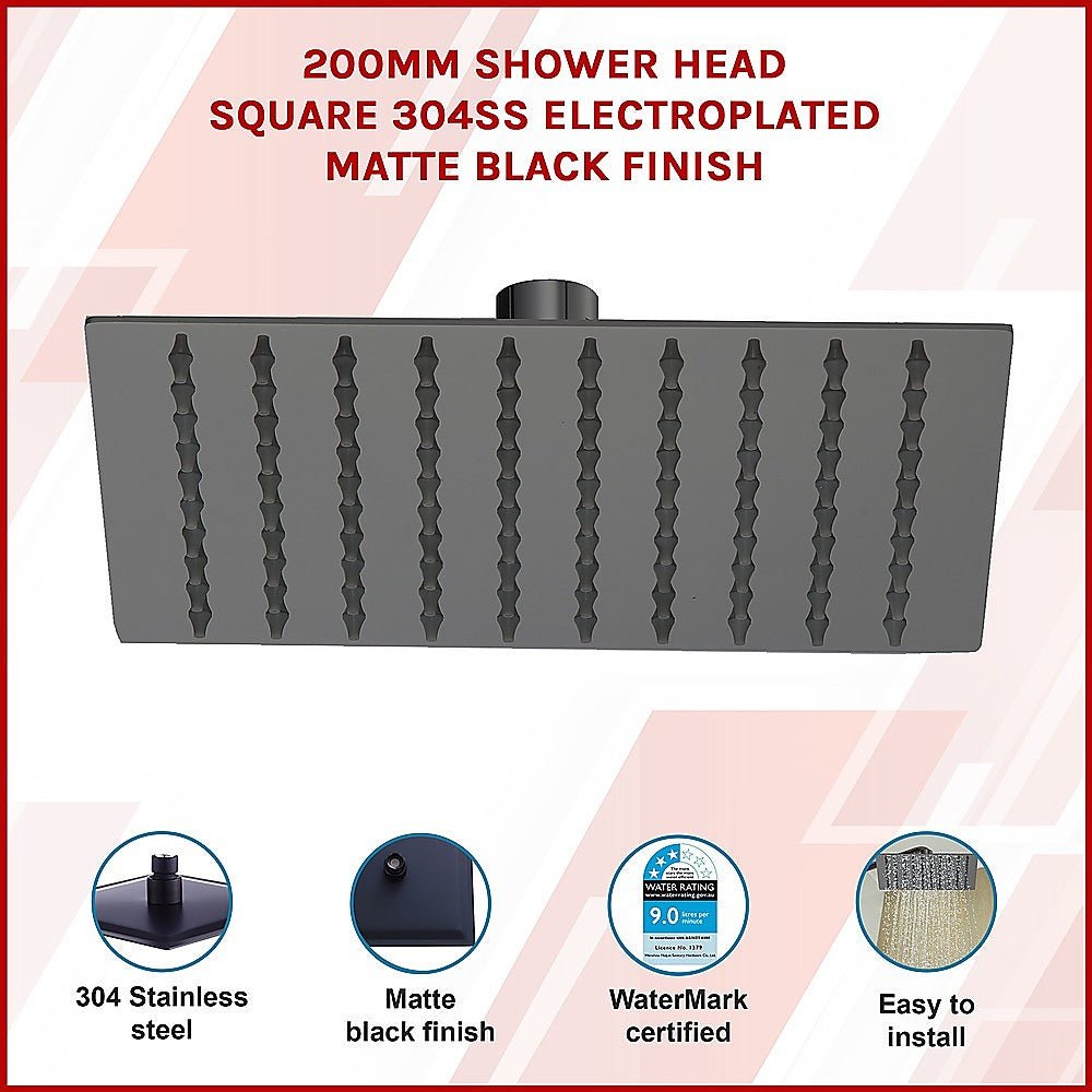 200mm Shower Head Square 304SS Electroplated Matte Black Finish - Newstart Furniture