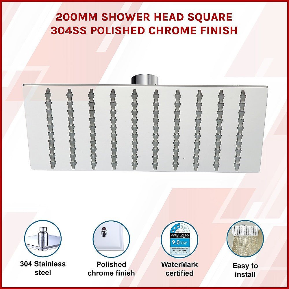 200mm Shower Head Square 304SS Polished Chrome Finish - Newstart Furniture