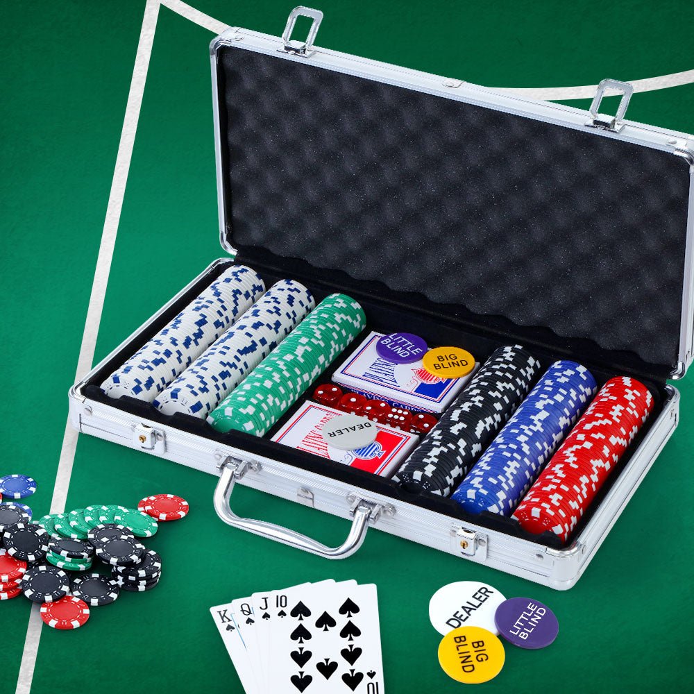 300pcs Poker Chips Set Casino Texas Hold'em Gambling Party Game Dice Cards Case - Newstart Furniture