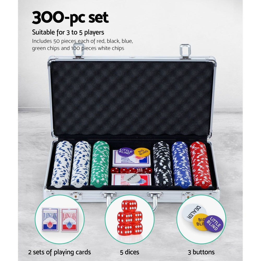 300pcs Poker Chips Set Casino Texas Hold'em Gambling Party Game Dice Cards Case - Newstart Furniture