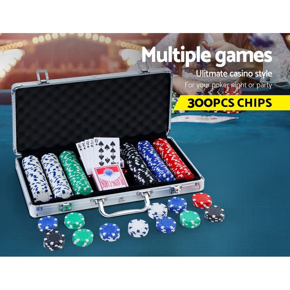 300pcs Poker Chips Set Casino Texas Hold'em Gambling Party Game Dice Cards Case - Newstart Furniture