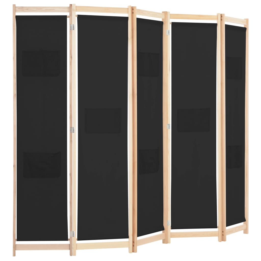 5-Panel Room Divider Black 200x170x4 cm Fabric - Newstart Furniture