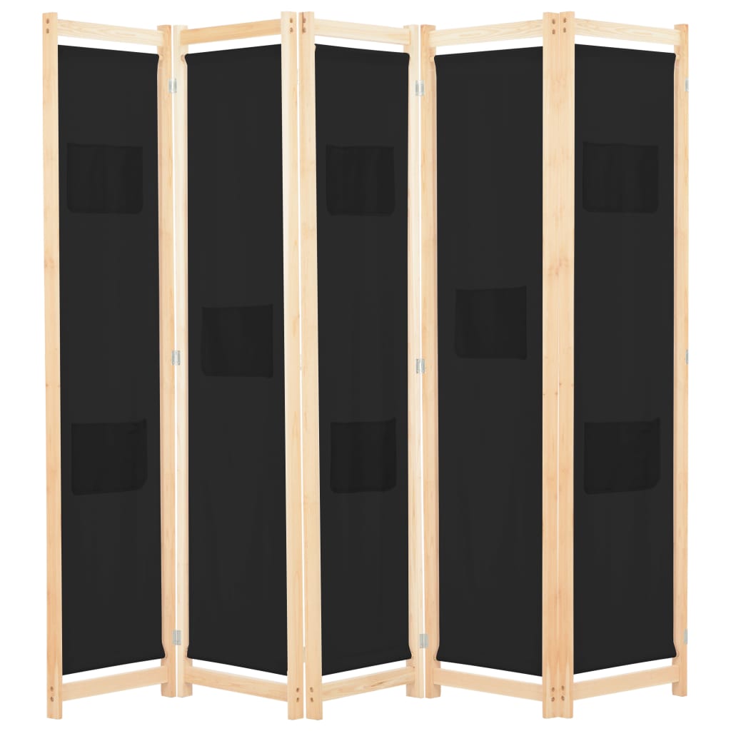 5-Panel Room Divider Black 200x170x4 cm Fabric - Newstart Furniture