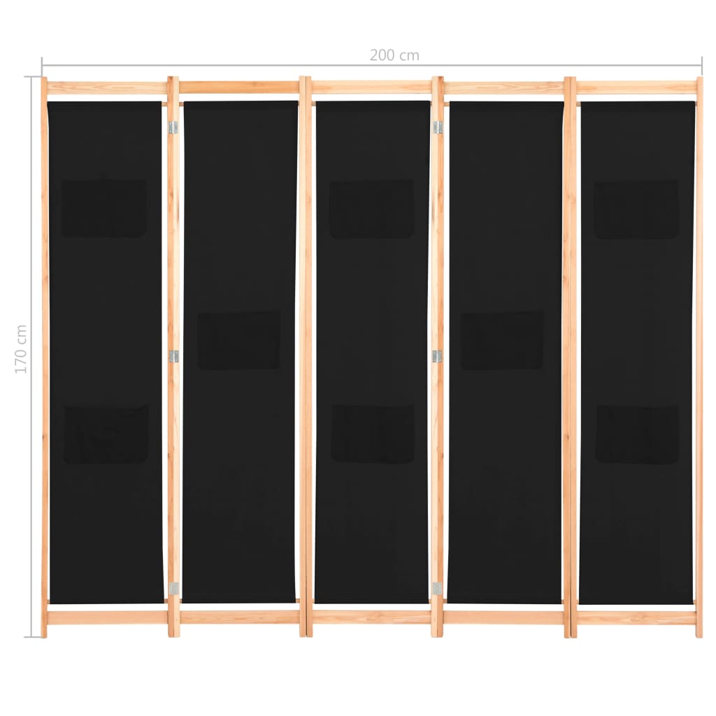 5-Panel Room Divider Black 200x170x4 cm Fabric - Newstart Furniture