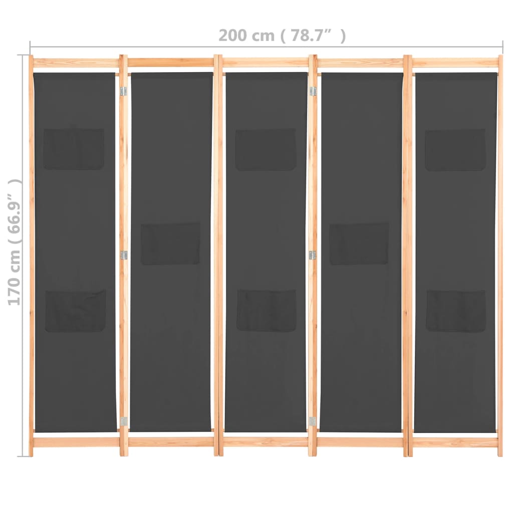 5-Panel Room Divider Grey 200x170x4 cm Fabric - Newstart Furniture