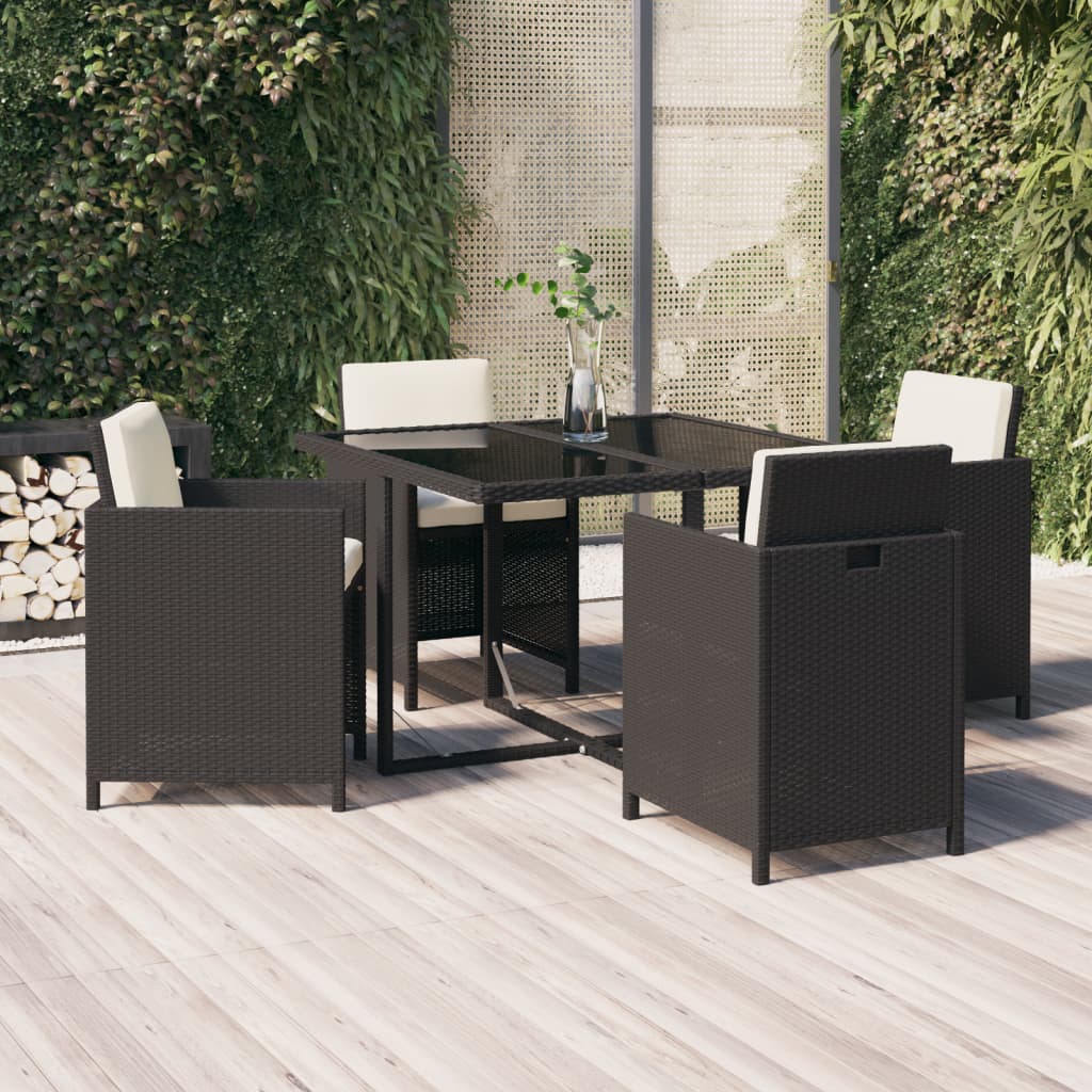 5 Piece Garden Dining Set with Cushions Poly Rattan Black - Newstart Furniture