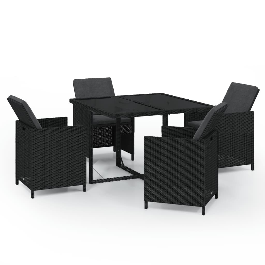 5 Piece Garden Dining Set with Cushions Poly Rattan Black - Newstart Furniture