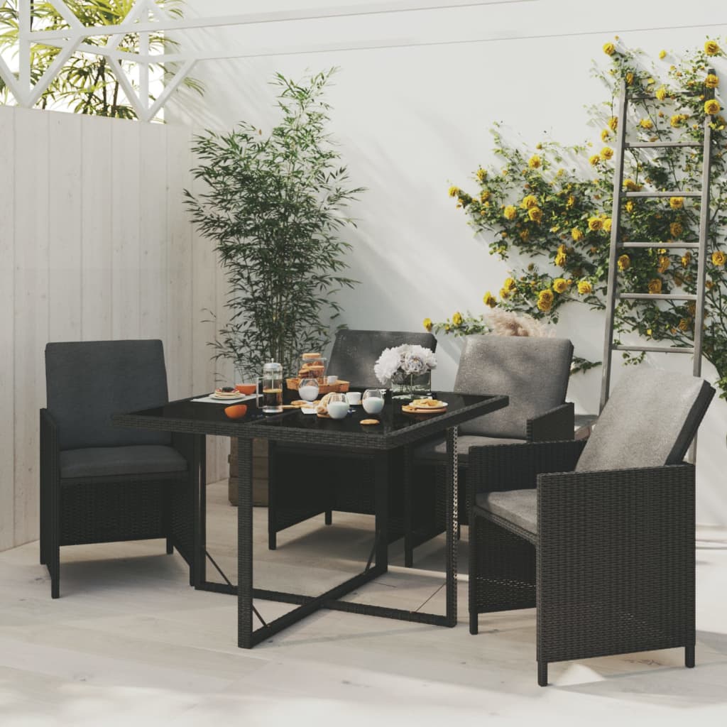 5 Piece Garden Dining Set with Cushions Poly Rattan Black - Newstart Furniture