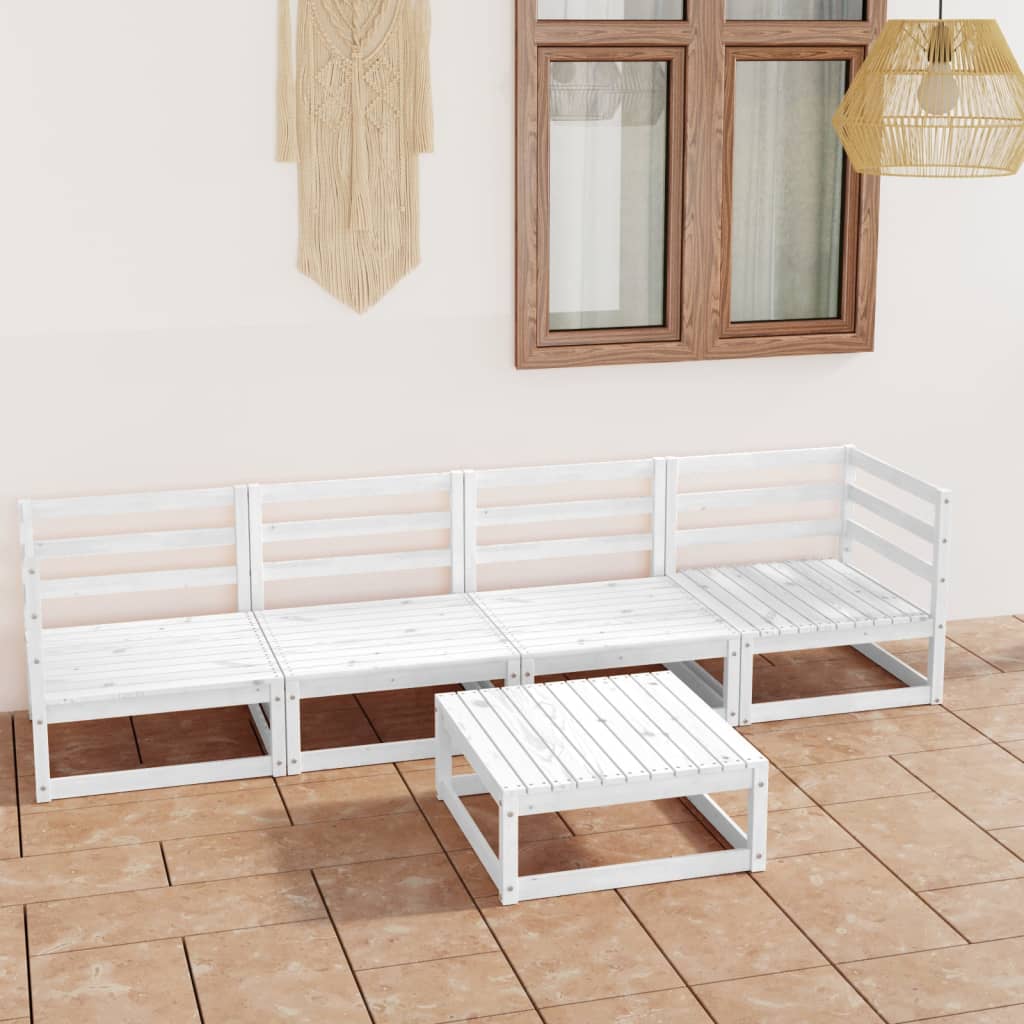 5 Piece Garden Lounge Set White Solid Pinewood - Newstart Furniture