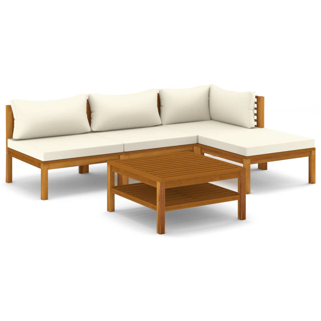 5 Piece Garden Lounge Set with Cream Cushion Solid Acacia Wood - Newstart Furniture