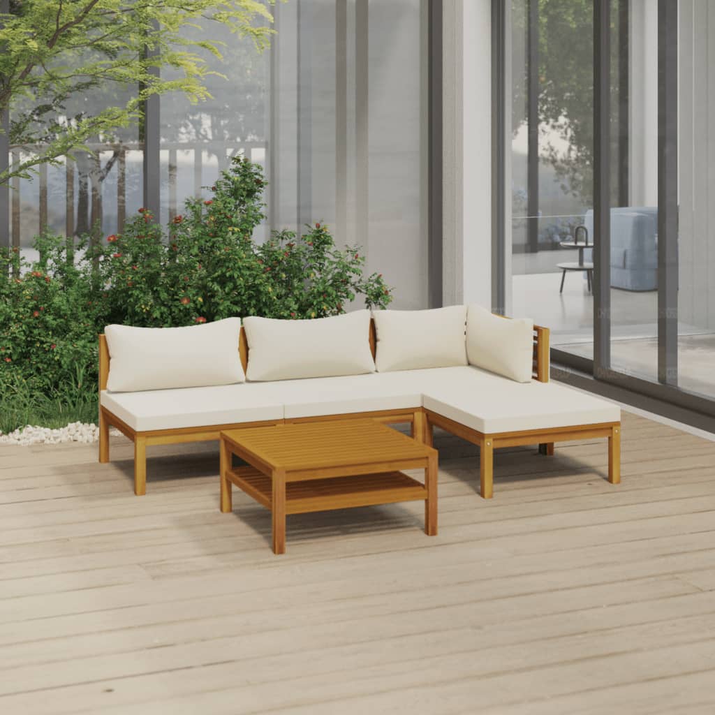 5 Piece Garden Lounge Set with Cream Cushion Solid Acacia Wood - Newstart Furniture