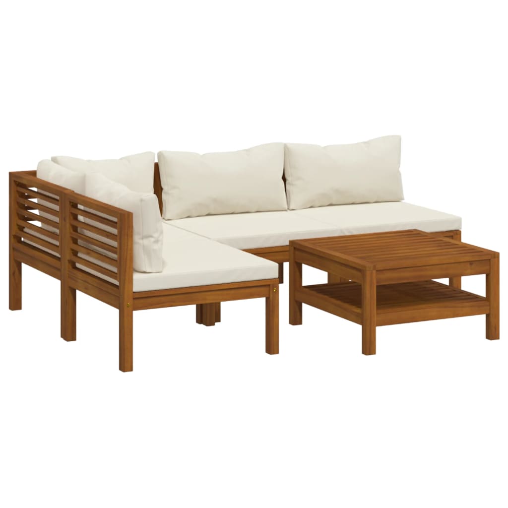 5 Piece Garden Lounge Set with Cream Cushion Solid Acacia Wood - Newstart Furniture