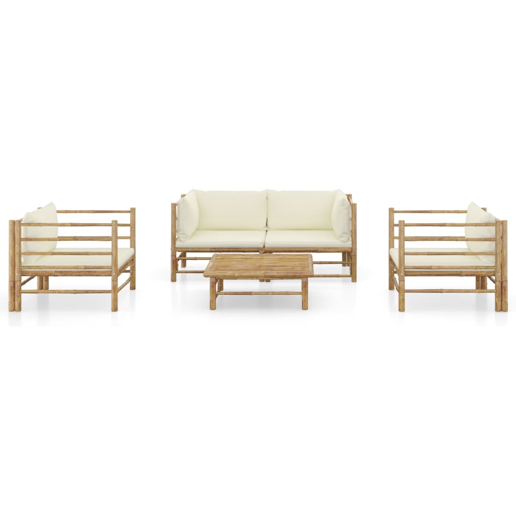 5 Piece Garden Lounge Set with Cream White Cushions Bamboo - Newstart Furniture