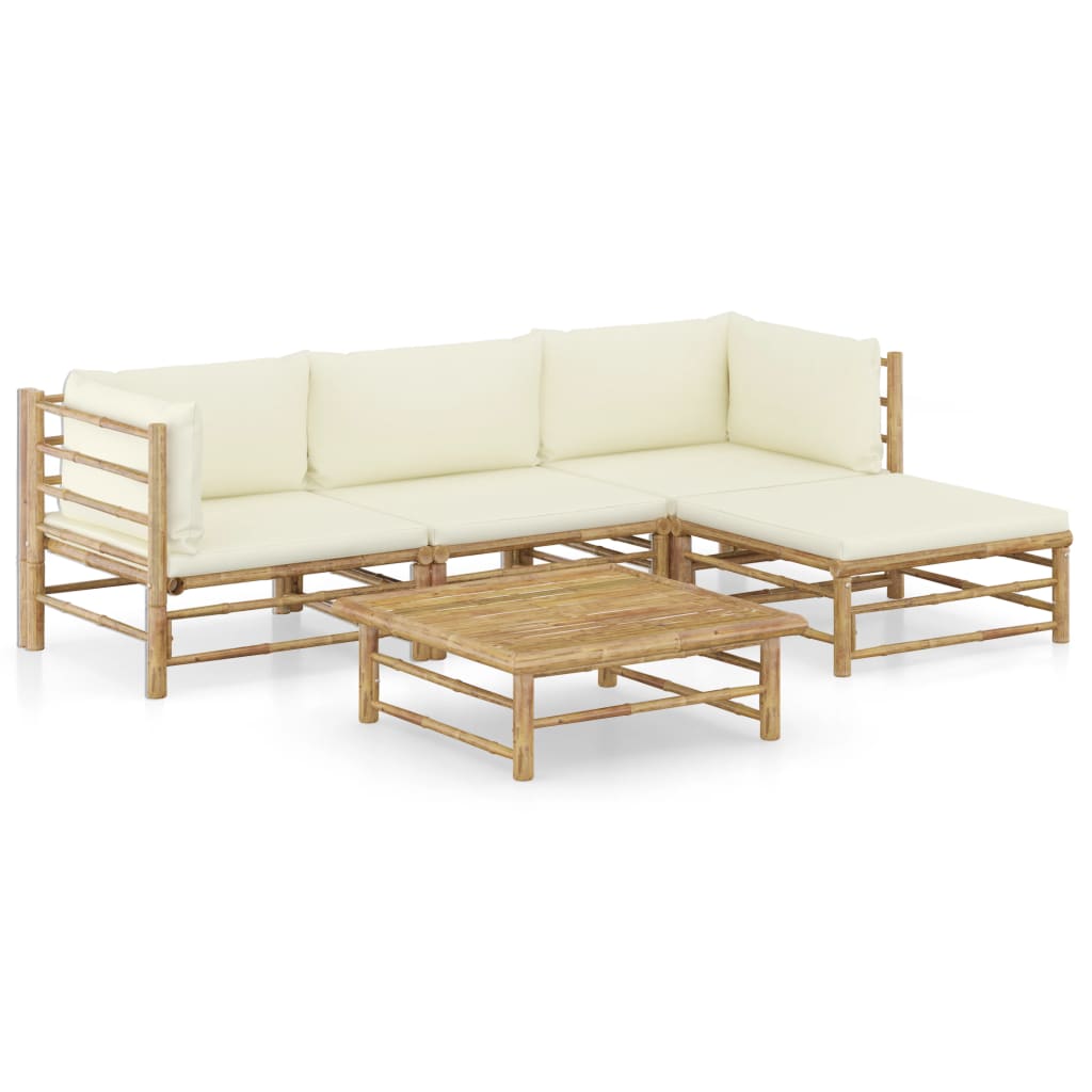 5 Piece Garden Lounge Set with Cream White Cushions Bamboo - Newstart Furniture