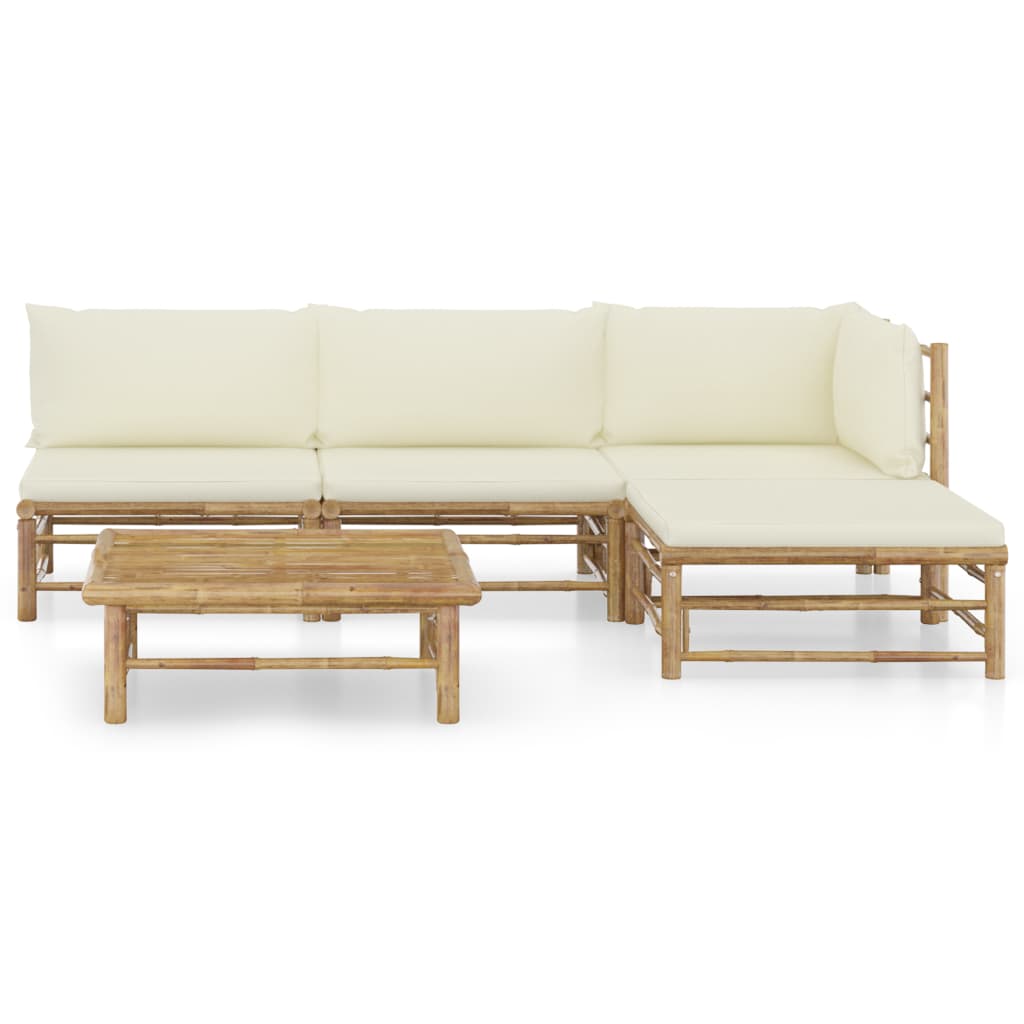 5 Piece Garden Lounge Set with Cream White Cushions Bamboo - Newstart Furniture