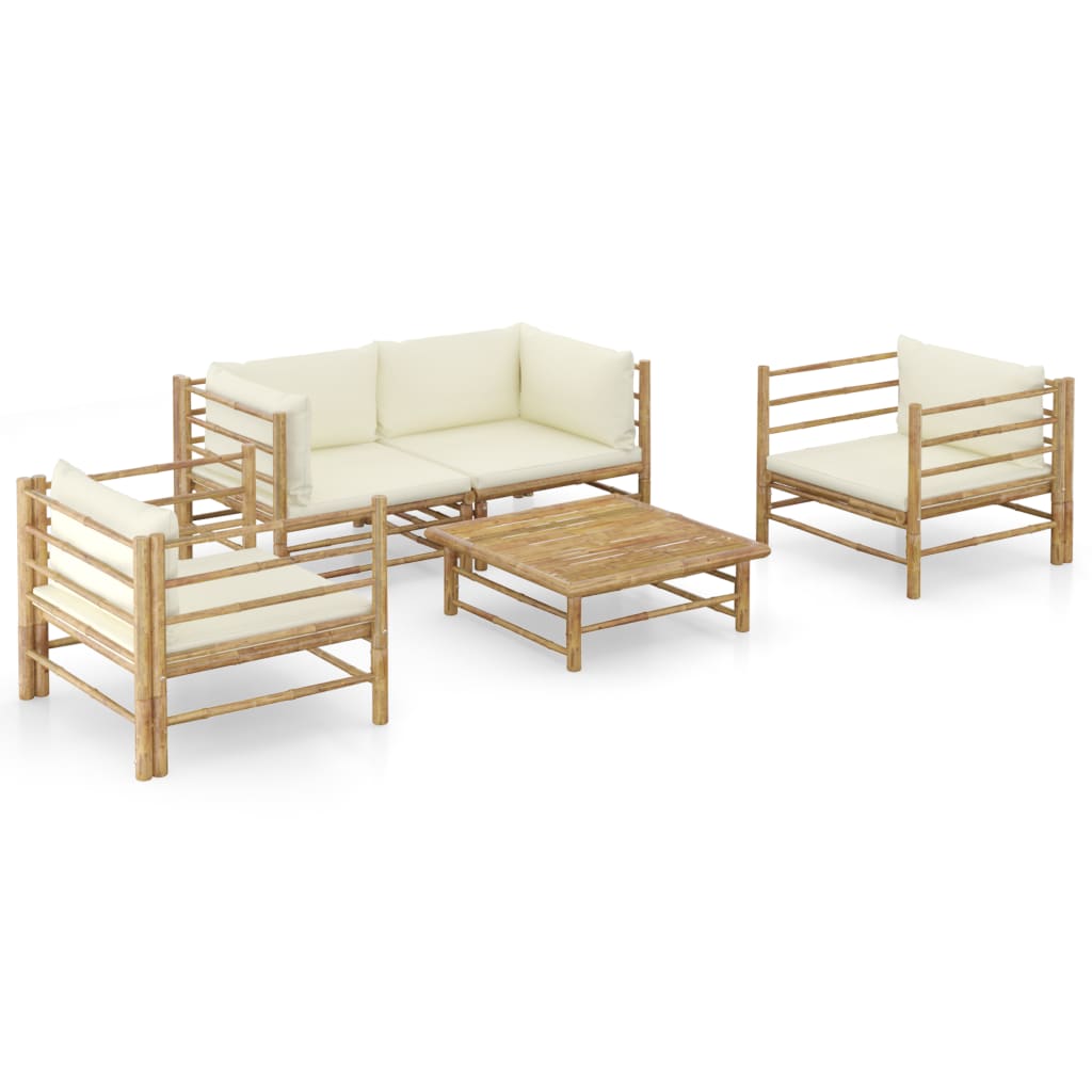 5 Piece Garden Lounge Set with Cream White Cushions Bamboo - Newstart Furniture