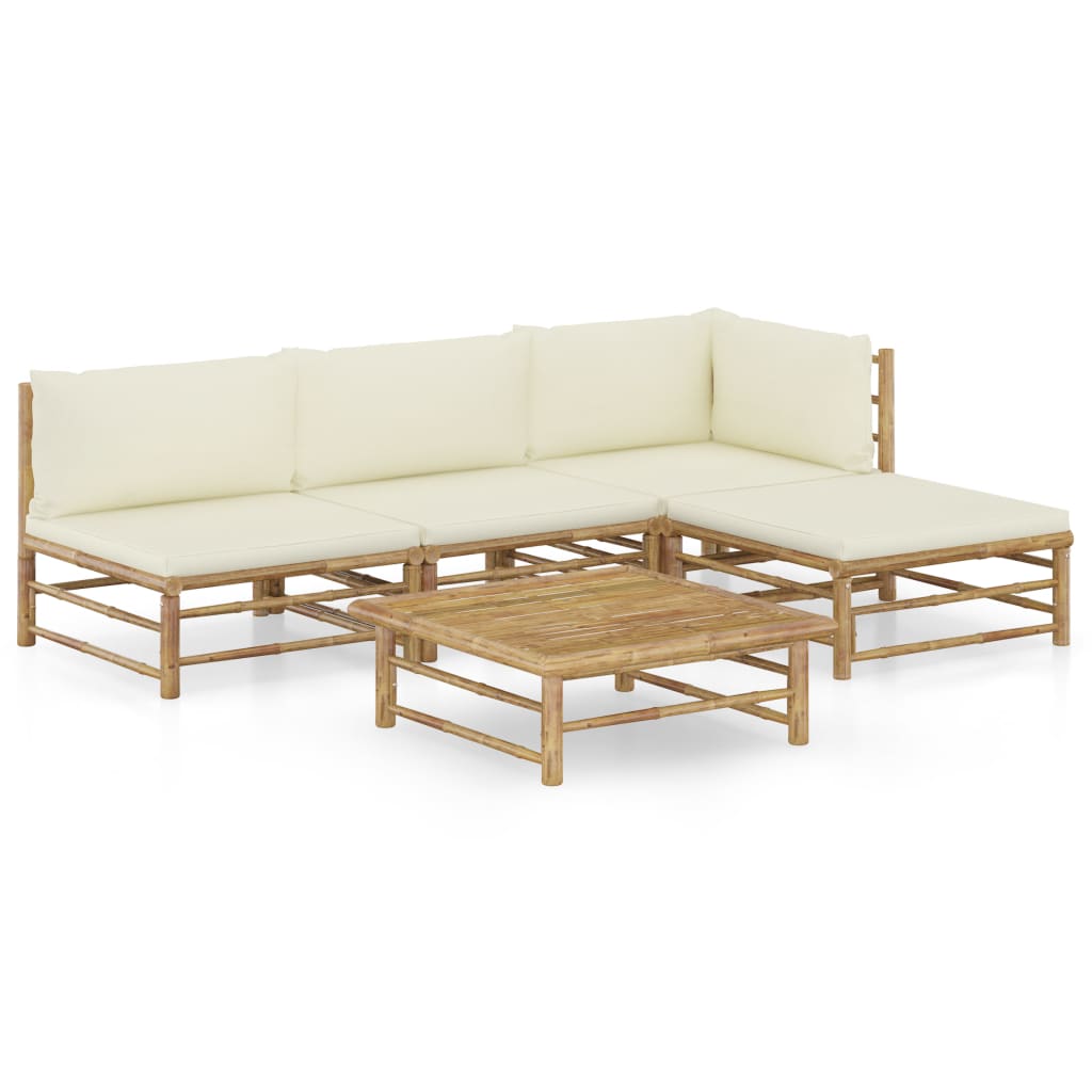 5 Piece Garden Lounge Set with Cream White Cushions Bamboo - Newstart Furniture