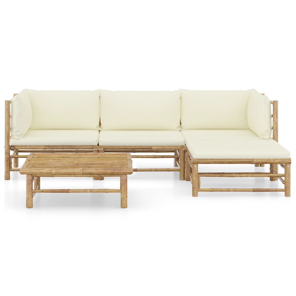 5 Piece Garden Lounge Set with Cream White Cushions Bamboo - Newstart Furniture