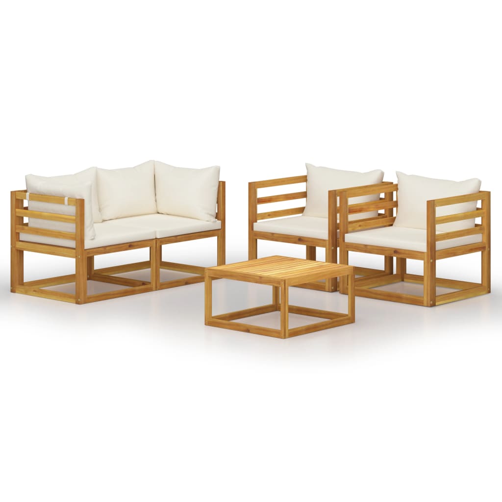 5 Piece Garden Lounge Set with Cushion Cream Solid Acacia Wood - Newstart Furniture