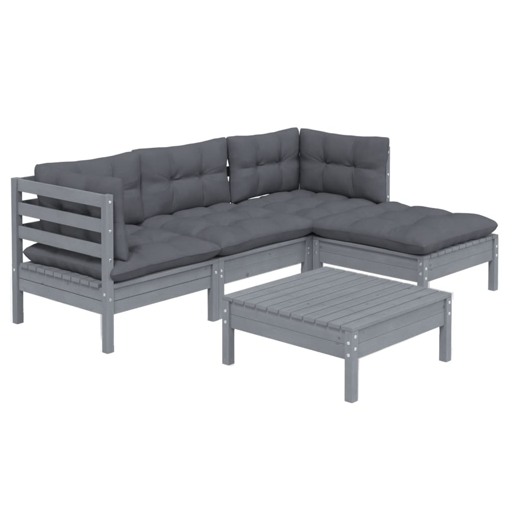 5 Piece Garden Lounge Set with Cushions Grey Pinewood - Newstart Furniture