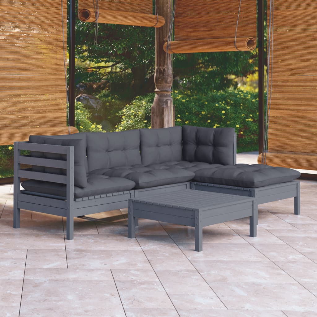 5 Piece Garden Lounge Set with Cushions Grey Pinewood - Newstart Furniture