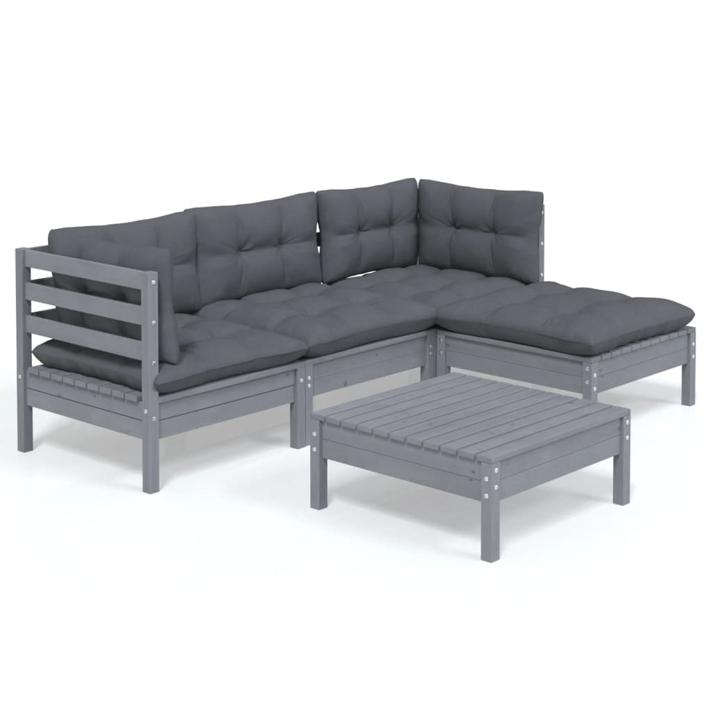 5 Piece Garden Lounge Set with Cushions Grey Pinewood - Newstart Furniture