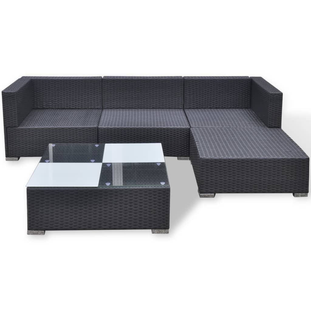 5 Piece Garden Lounge Set with Cushions Poly Rattan Black - Newstart Furniture