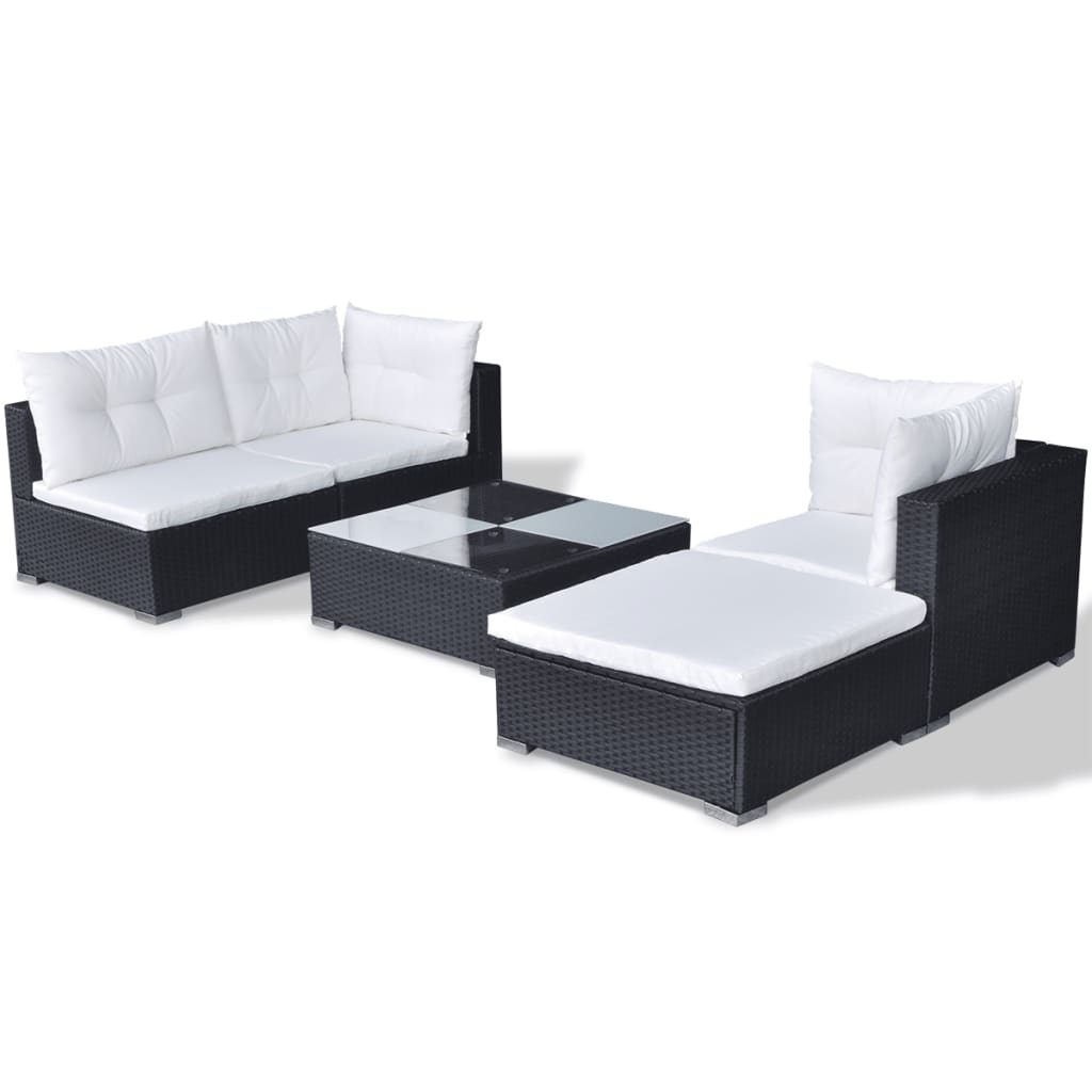 5 Piece Garden Lounge Set with Cushions Poly Rattan Black - Newstart Furniture