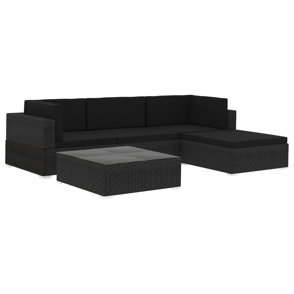 5 Piece Garden Lounge Set with Cushions Poly Rattan Black - Newstart Furniture